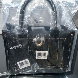 True Religion Black Leather Satchel with Contrast Stitching & Gold Hardware